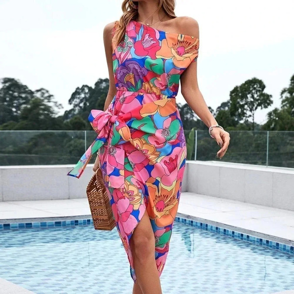 Womens Allover Floral Print Asymmetrical Shoulder Knot Side Dress - Picture 1 of 5